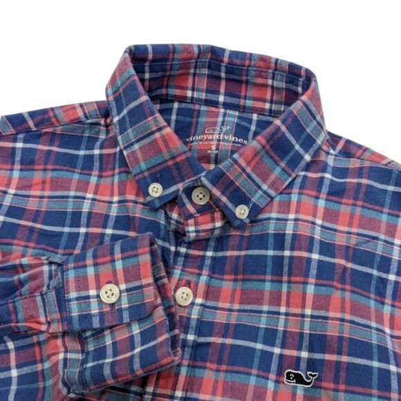 Vineyard Vines Blue Salmon Plaid Button Down Church Shirt Boy Size Small 8 10 - Picture 1 of 5